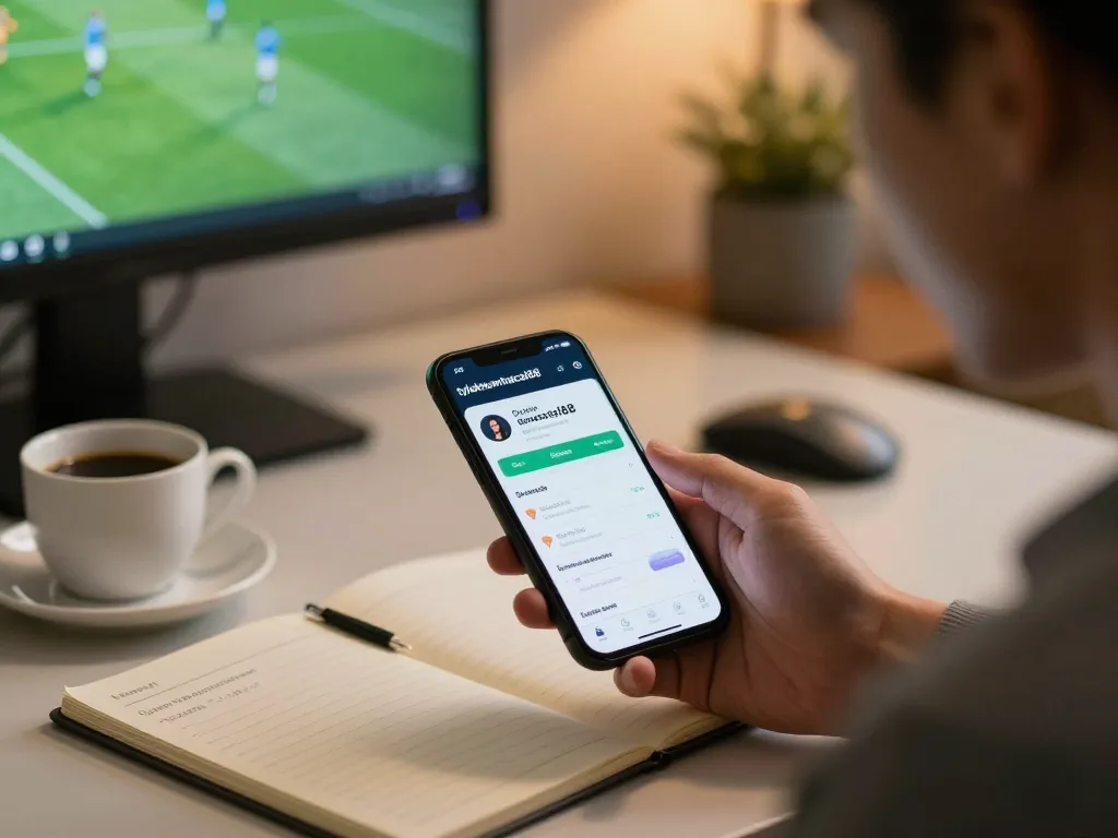 An engaged user analyzing sports betting odds on the tylekeonhacai88 app in a stylish home office