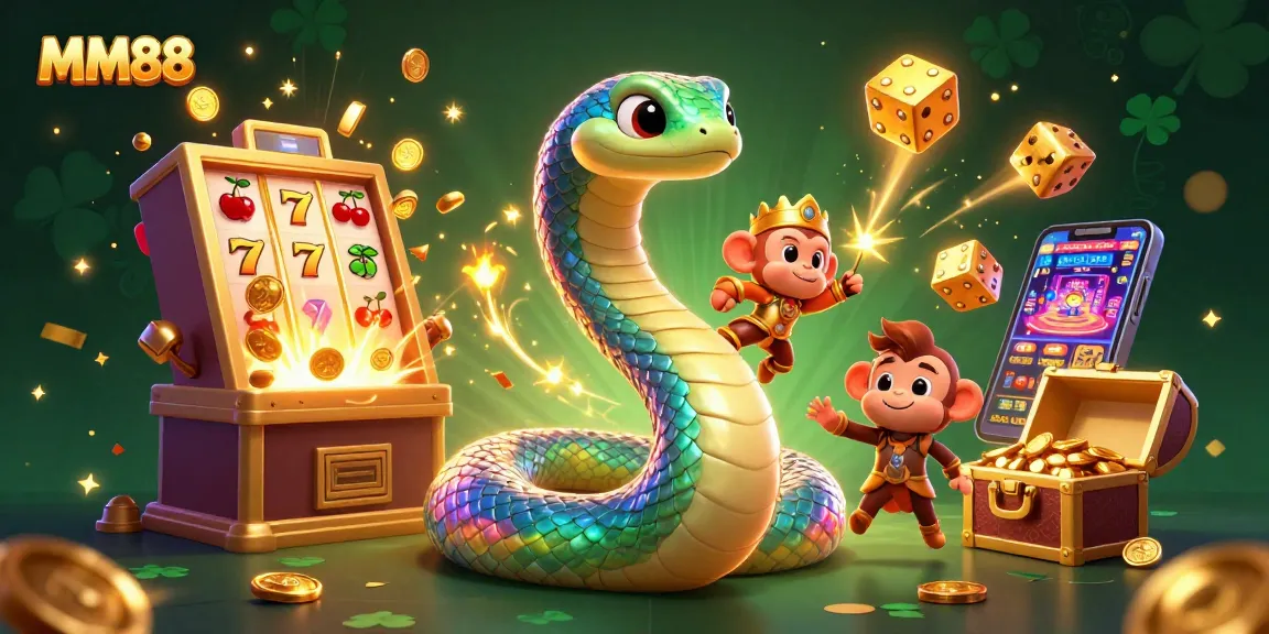 Engage in thrilling casino fun with MM88's vibrant 3D illustration featuring a playful monkey king and jackpot-exploding slot machine.