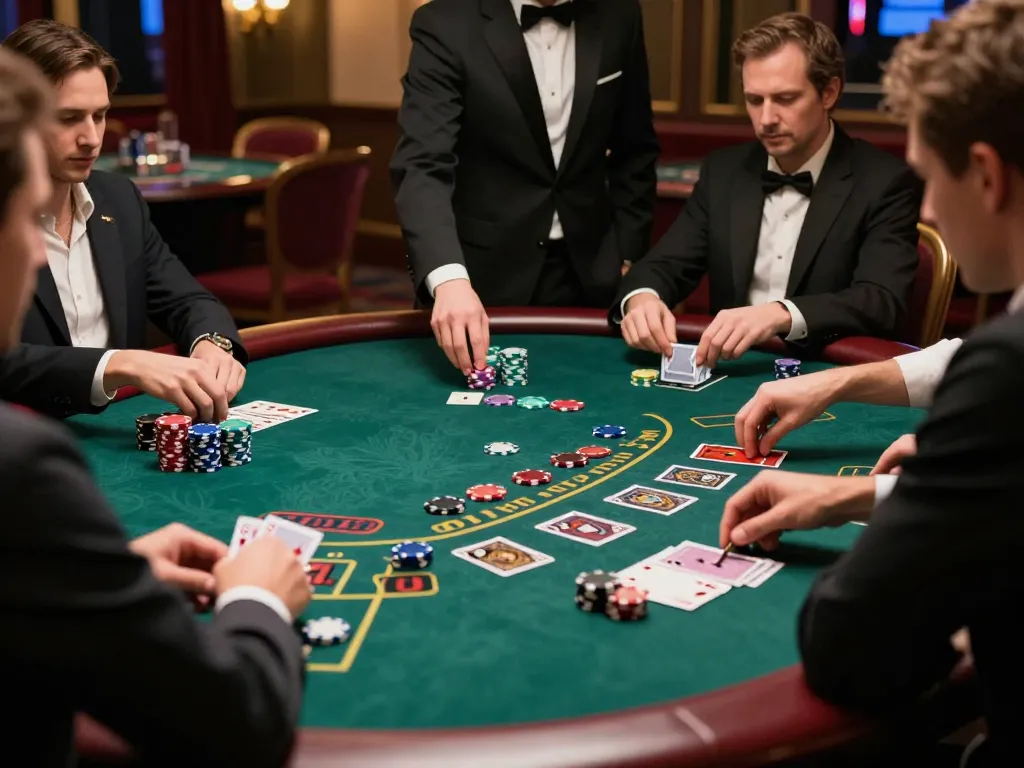 MM88 players strategizing over a vibrant blackjack table in a luxurious casino atmosphere.