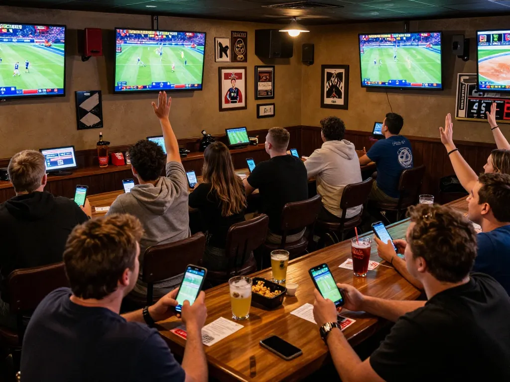 Sports bettors engaging with nhandinhkeonhacai displayed on screens, illustrating strategic betting excitement.