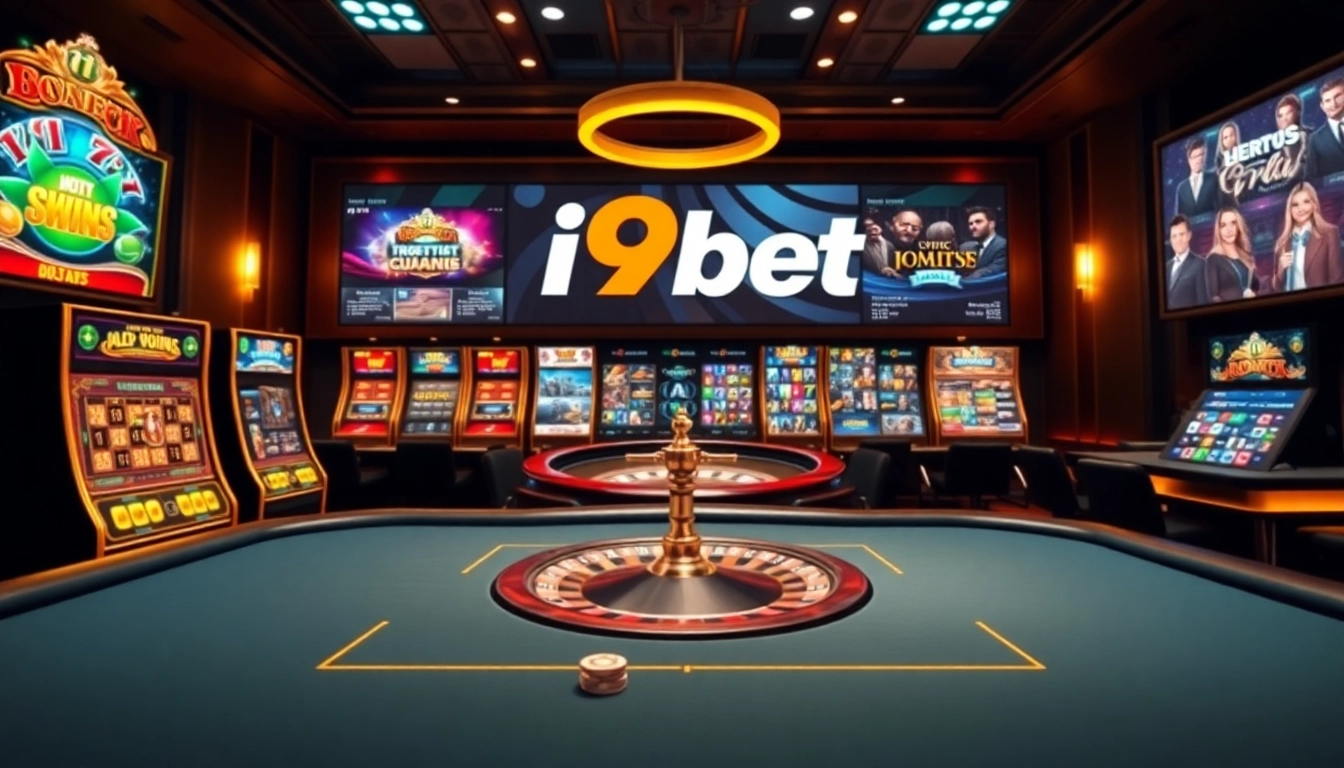 Experience i9bet's luxurious online casino with vibrant slot machines and elegant poker tables.