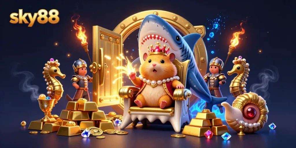 Engage with sky88's vibrant treasures in a thrilling casino adventure illustration featuring a hamster king.