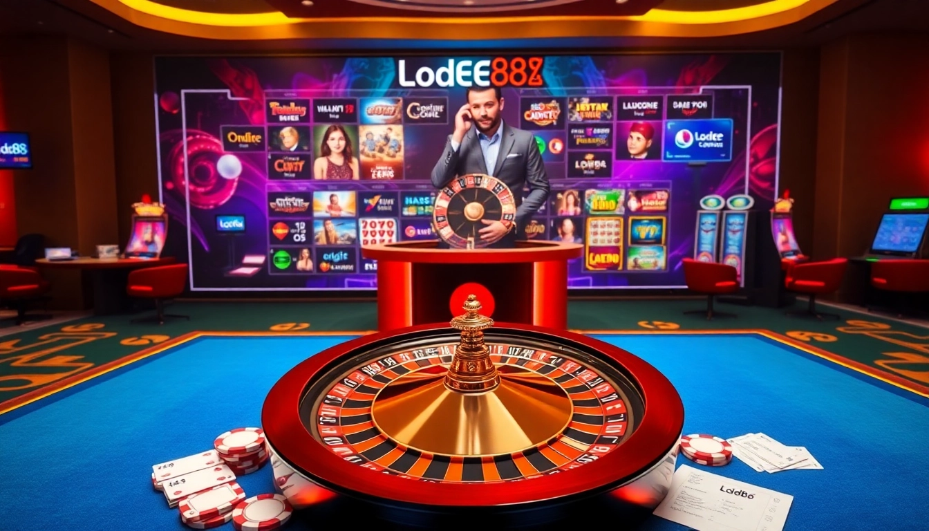 Exciting online gaming interface at Lode88 featuring a modern roulette wheel and poker chips.