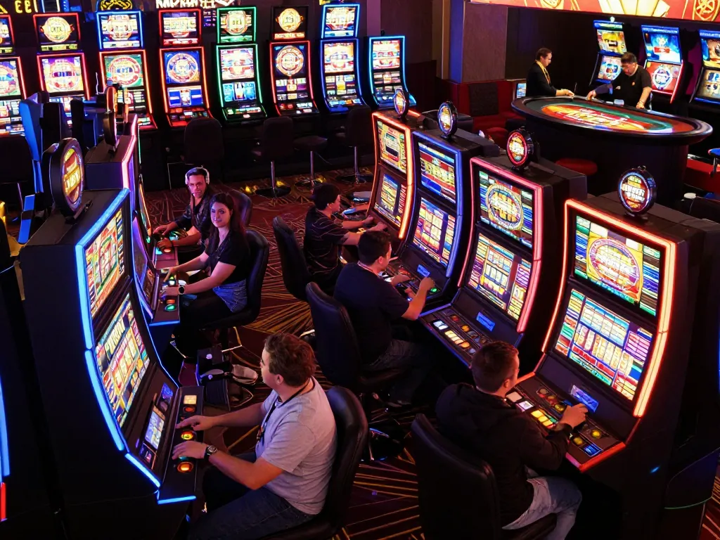 Players enjoying thrilling slot machines at DW8 casino, vibrant lights and excitement in the atmosphere
