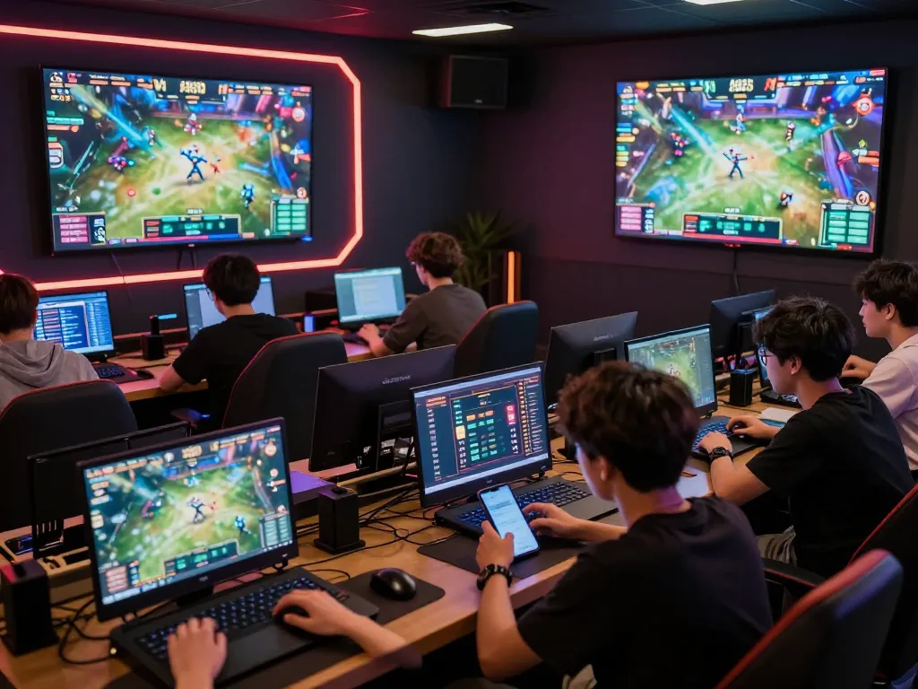 Bsport users engaging with live esports betting, analyzing stats on devices in a vibrant lounge.