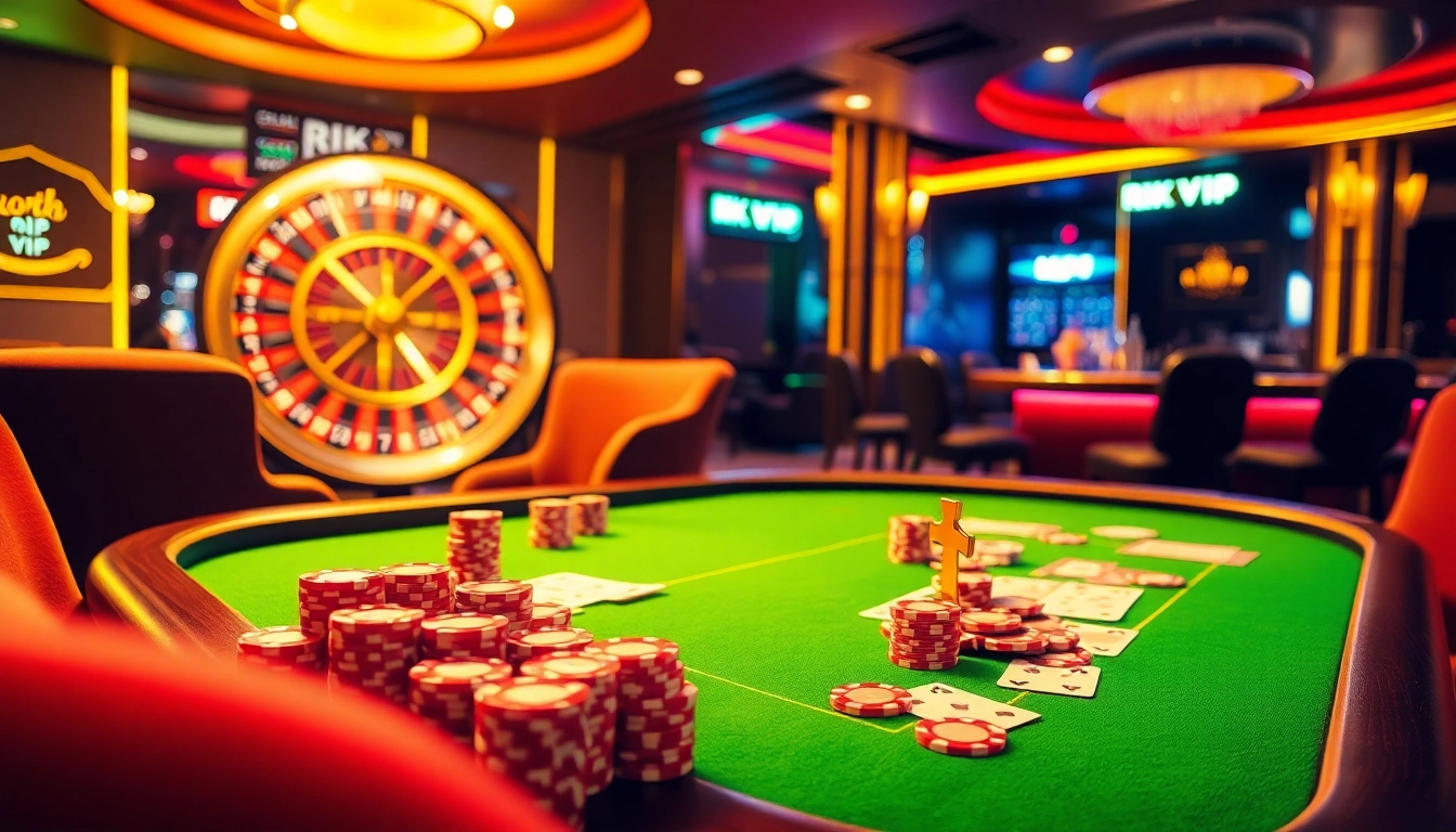 Engaging with vibrant games at rik vip casino with poker chips, cards, and roulette wheel.