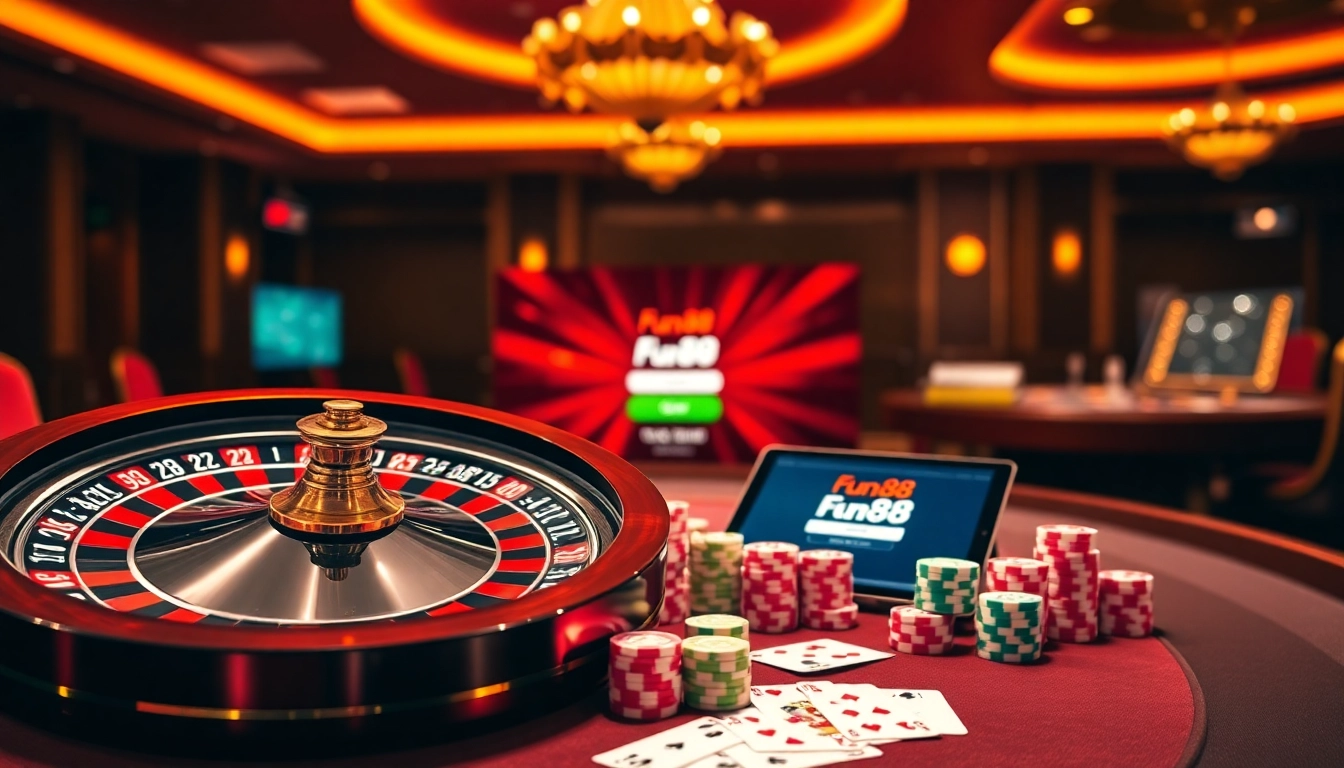 Fun88 login showcasing an elegant casino atmosphere with roulette, poker chips, and an online interface.