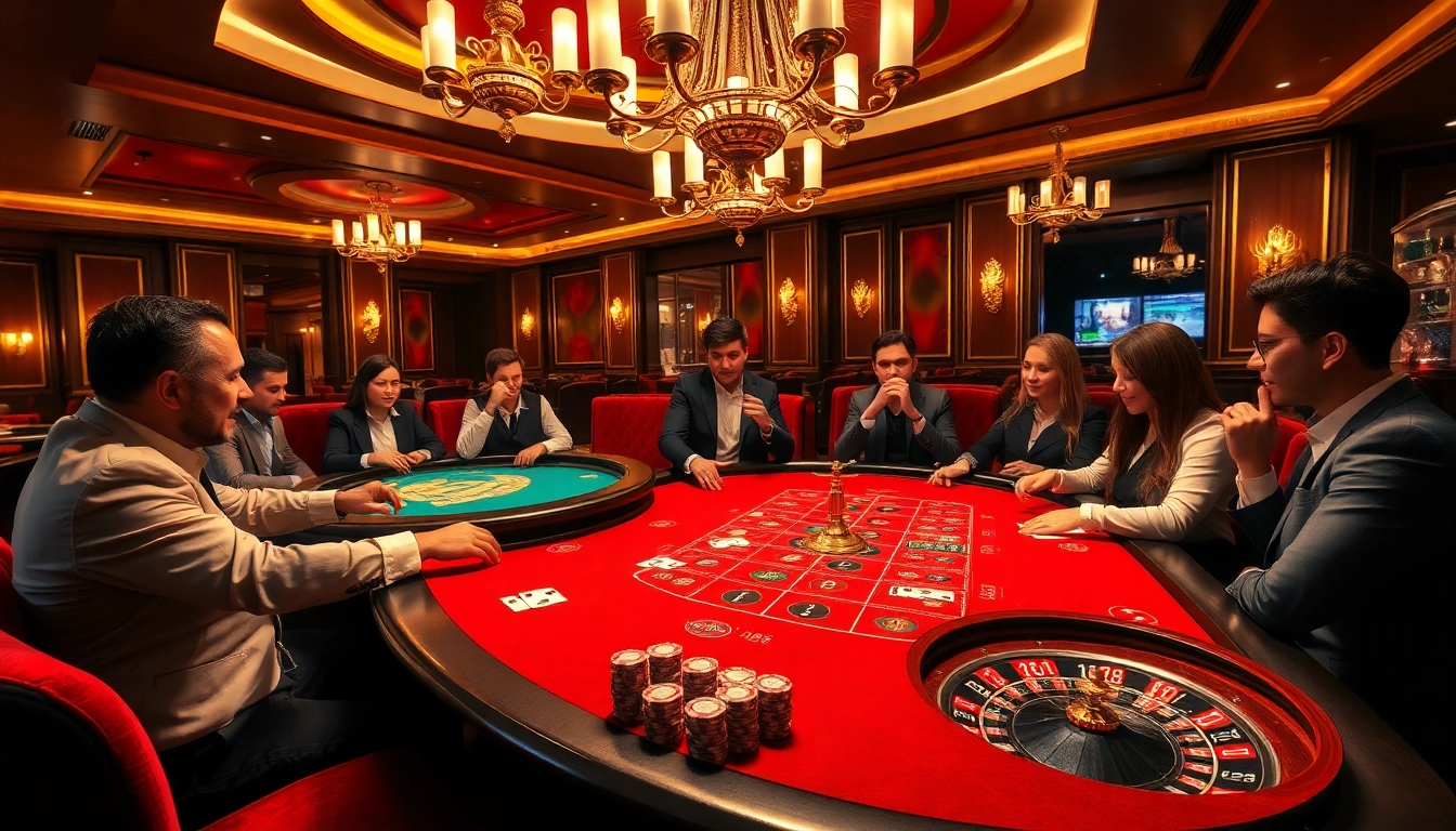 Players enjoying a blackjack game at MB66 casino with vibrant chips and cards on the table.