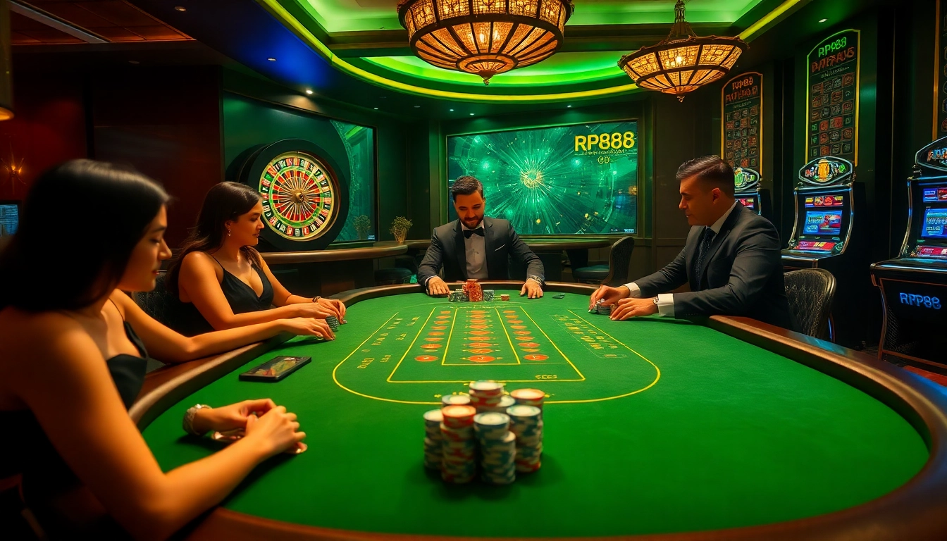 RR88 poker scene capturing tense moments at the table with vibrant chips and luxurious ambiance.