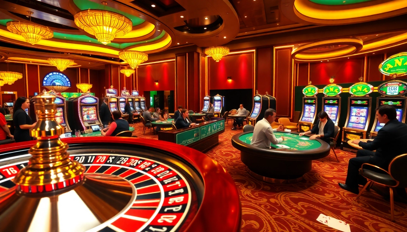 Engaging casino scene showcasing players enjoying the thrill of 69vn.gb.net with poker tables and slot machines.