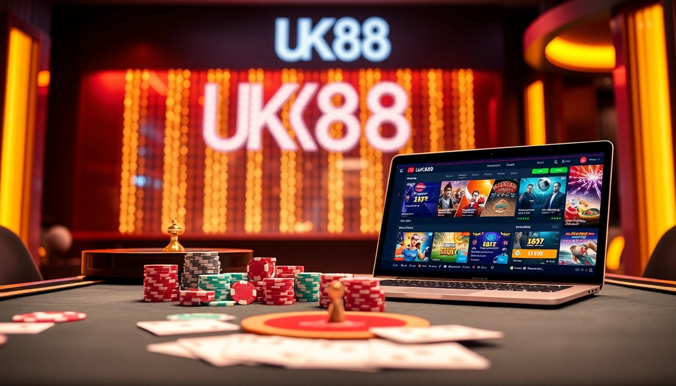 Experience thrilling gaming action at UK88 with vibrant casino tables and online betting interfaces.