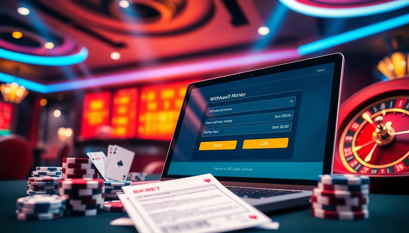 Rút tiền 8KBET in action on a vibrant online gambling interface with casino elements.
