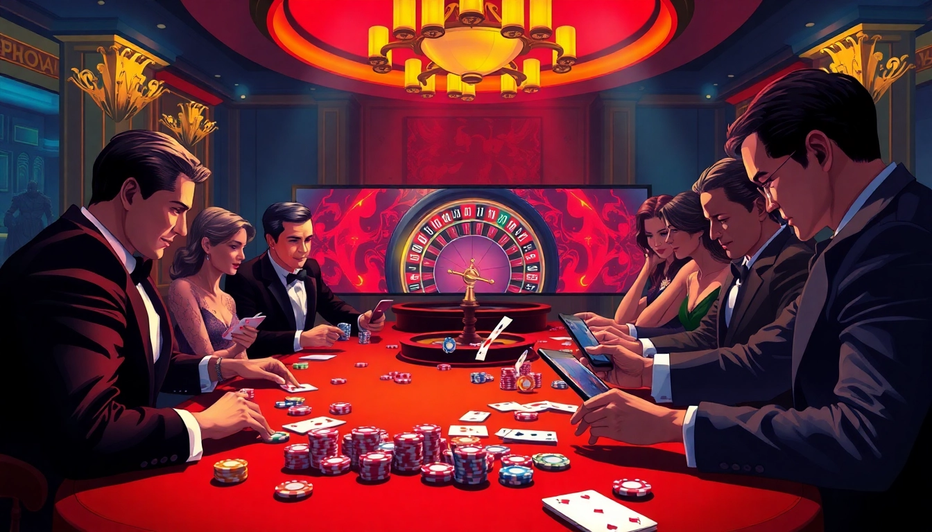 Players enjoying a thrilling game at nk88 com casino table with colorful chips and cards.