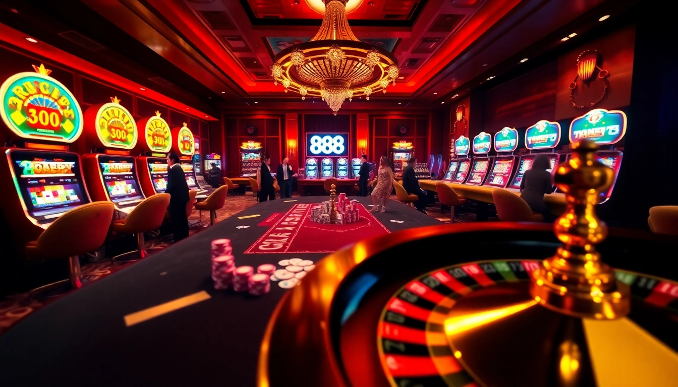 Players enjoying high-stakes games at a vibrant 888vi casino table, cards and chips in action.