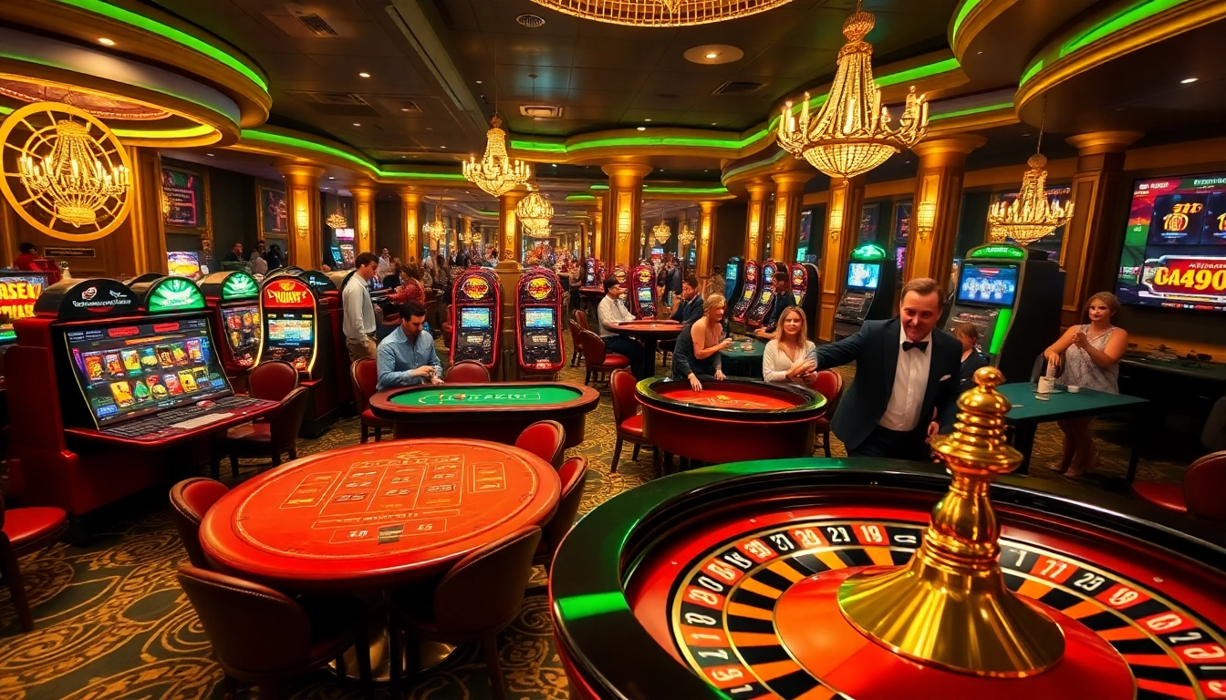FIVE88 slot machines and players engaged in high-stakes poker in a vibrant casino.