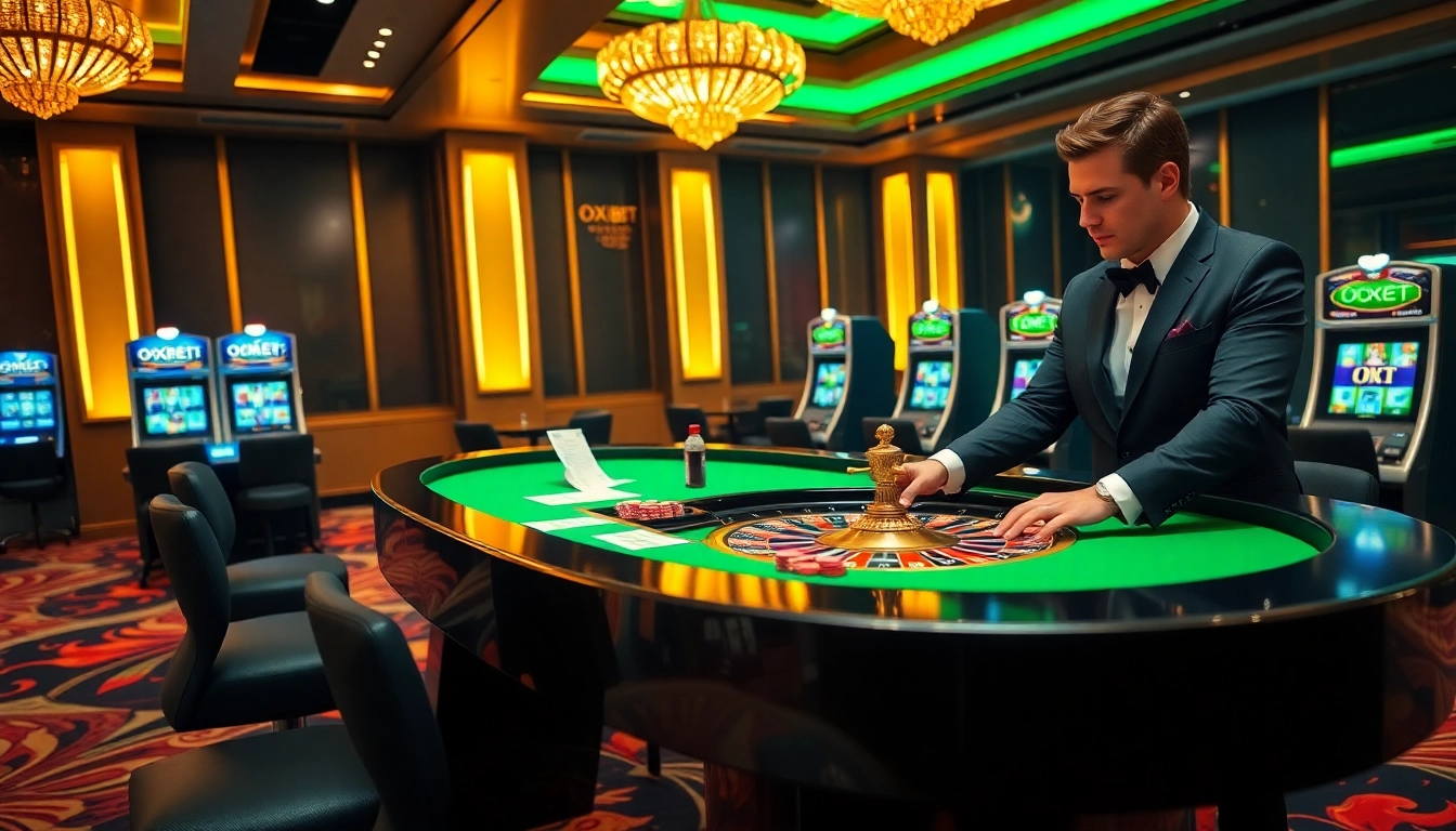 Experience the thrill of OXBET at a luxurious casino with roulette and lively energy.