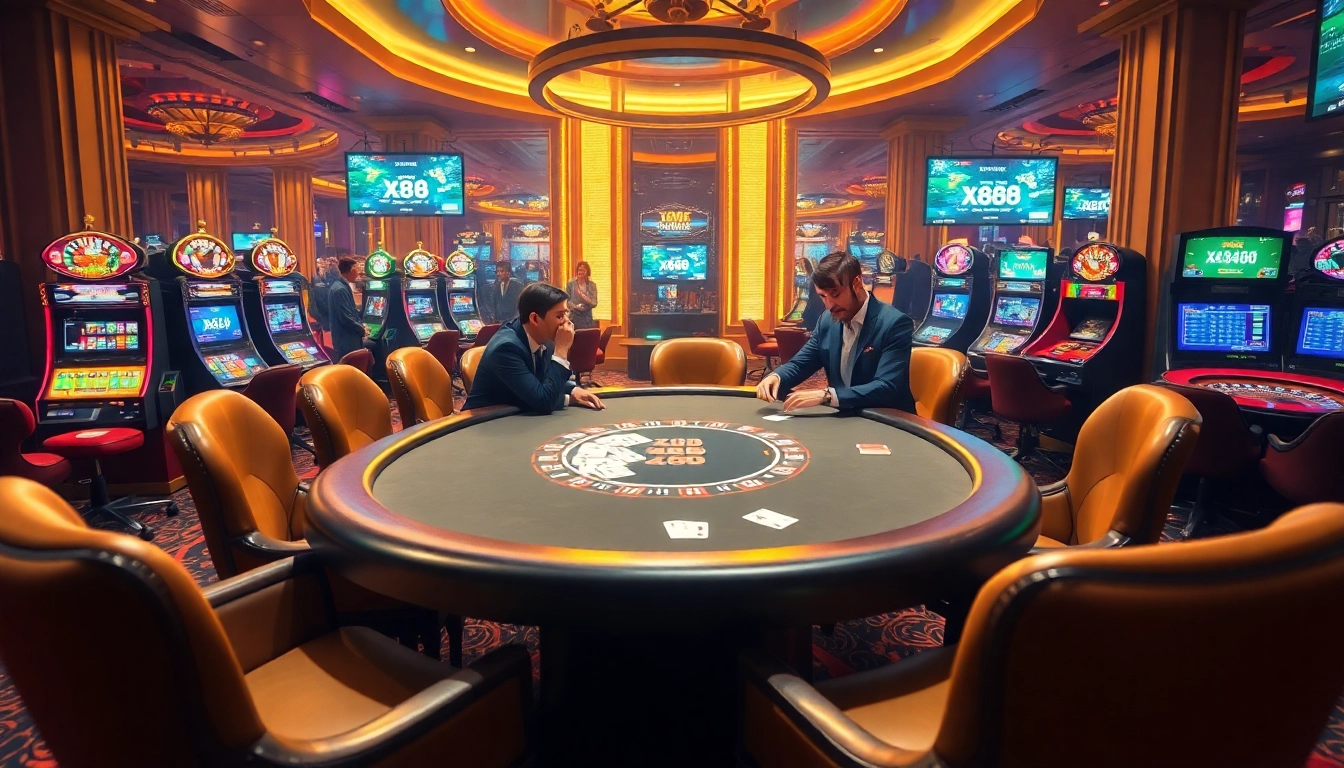 Experience high-stakes action at x88 com's poker table with vibrant casino elements.