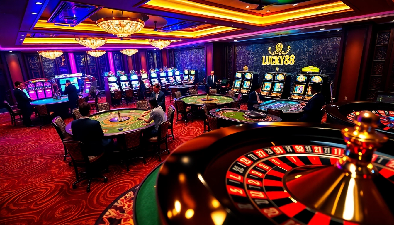 Experience the excitement of gambling with Nhà cái LUCKY88's casino ambiance filled with elegant tables and thrilling gameplay.