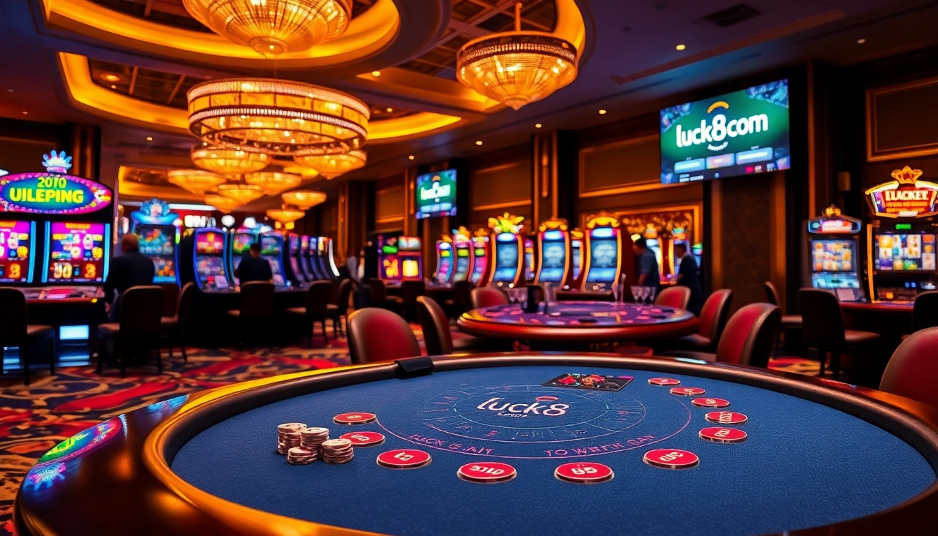 Experience the vibrant atmosphere at luck8 com featuring exciting casino games and players engaging at blackjack tables.