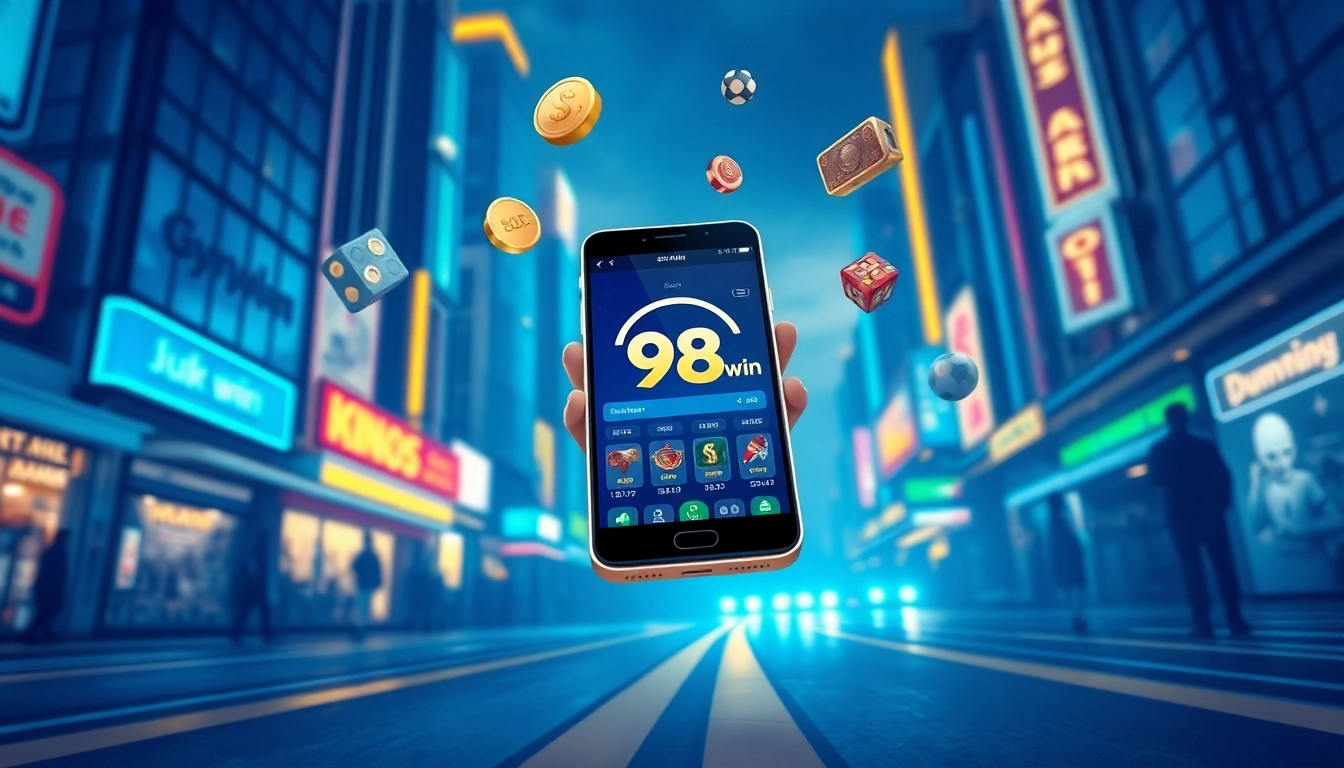 Explore the app 98win interface on a smartphone in a vibrant city setting, showcasing gaming excitement.