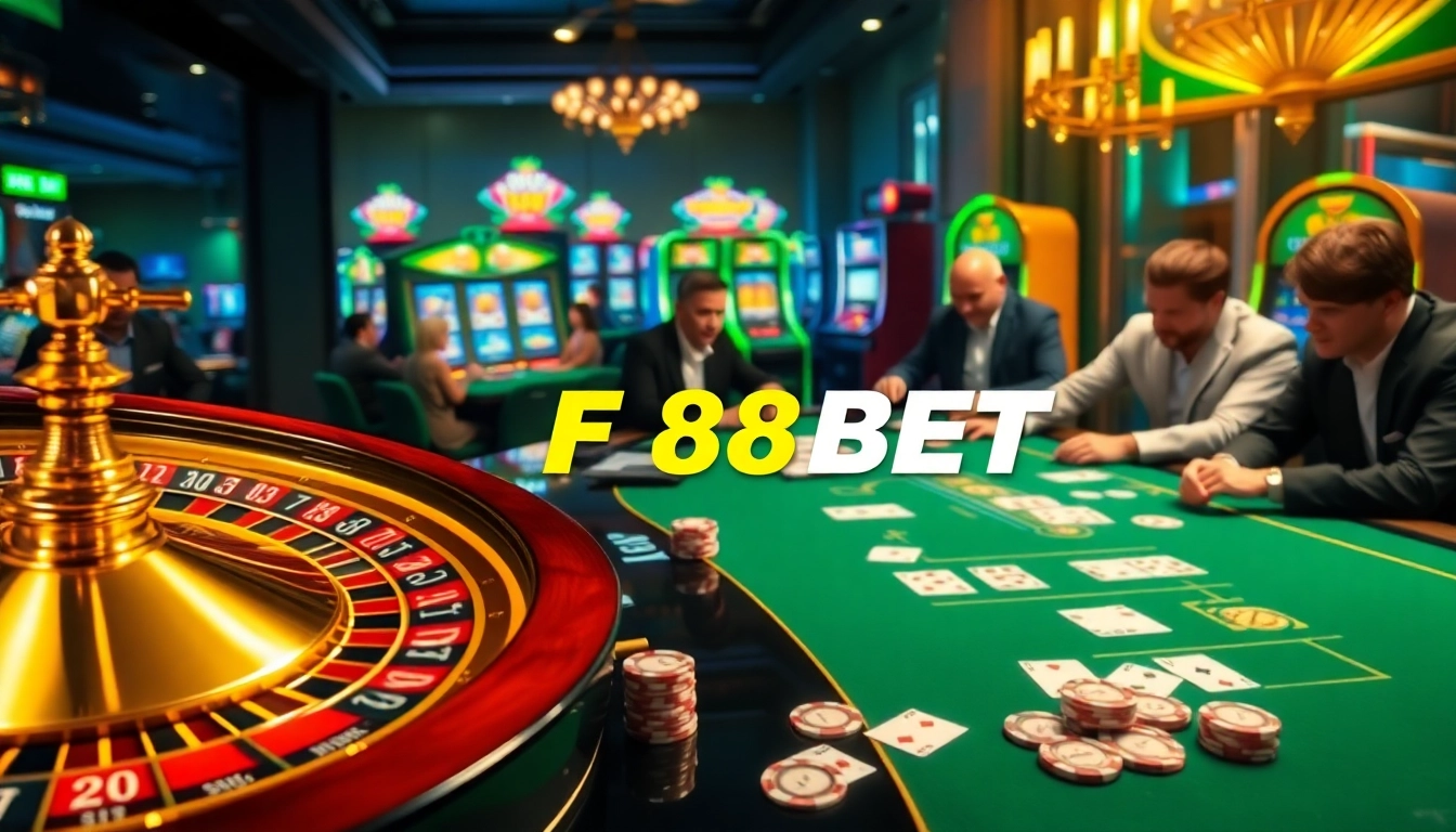 F88BET showcasing an extravagant casino scene with immersive gambling activities and high-stakes excitement.