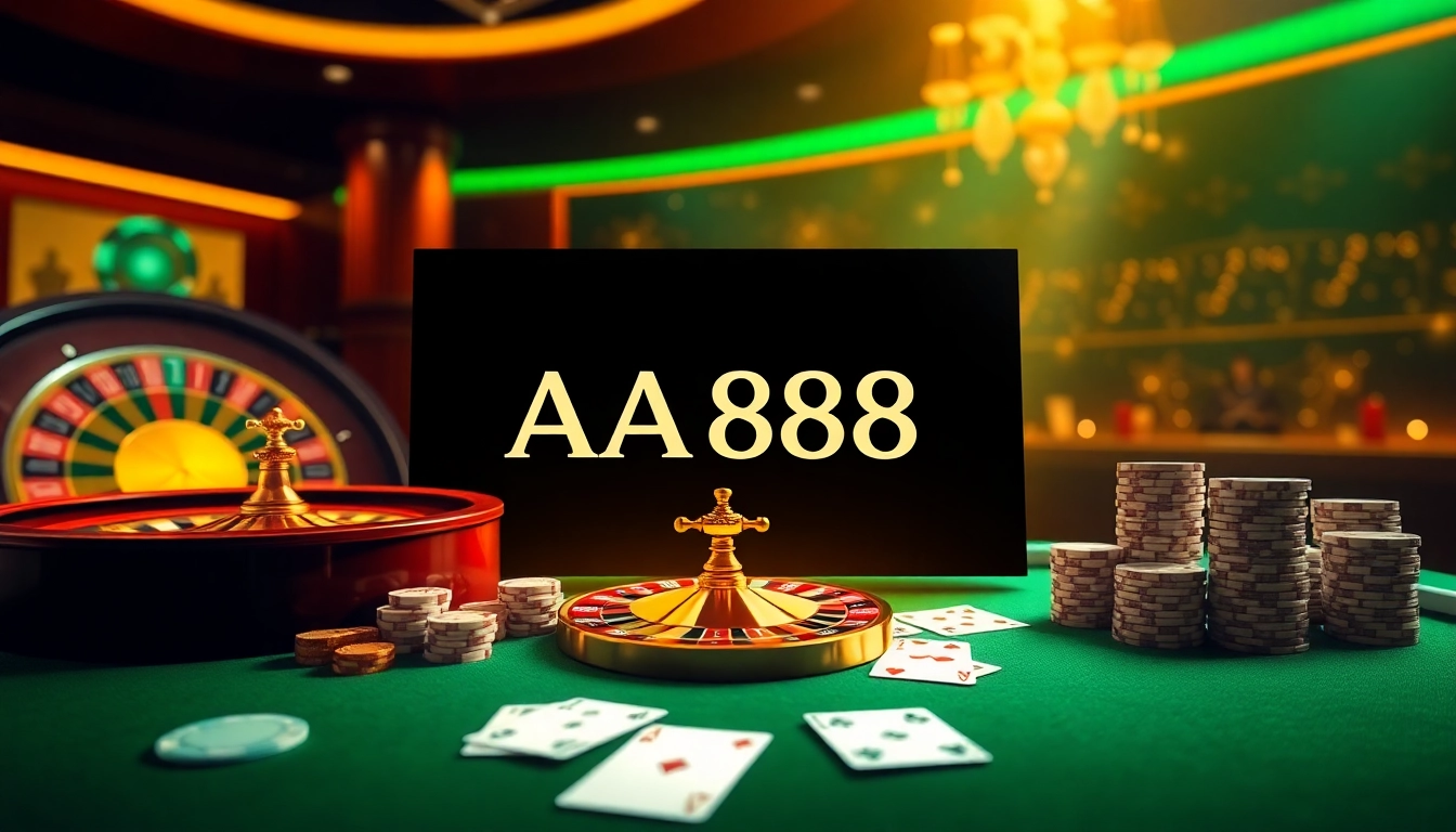 Experience AA88 Đăng nhập with an inviting casino atmosphere, featuring poker chips and a roulette wheel.