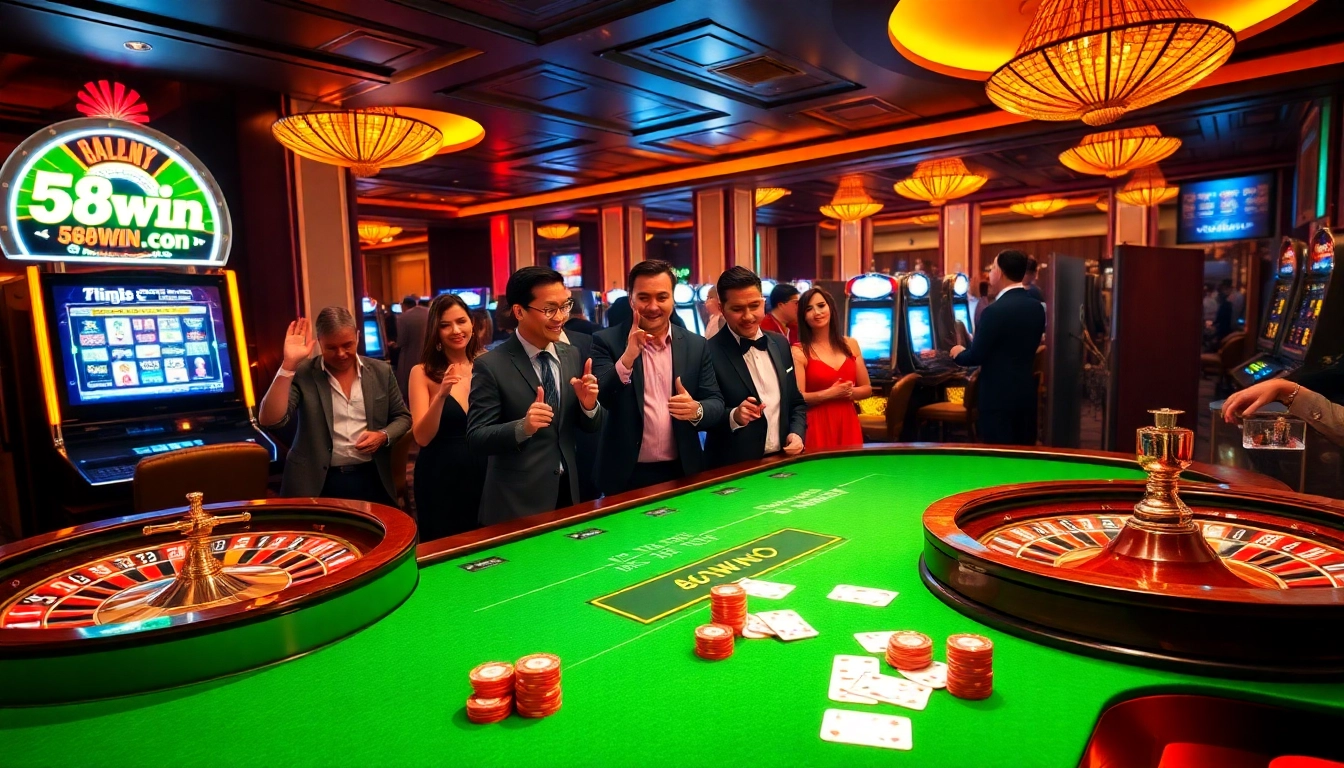 A vibrant casino scene showcasing excitement and professionalism at 58win.con with lively players and gaming tables.