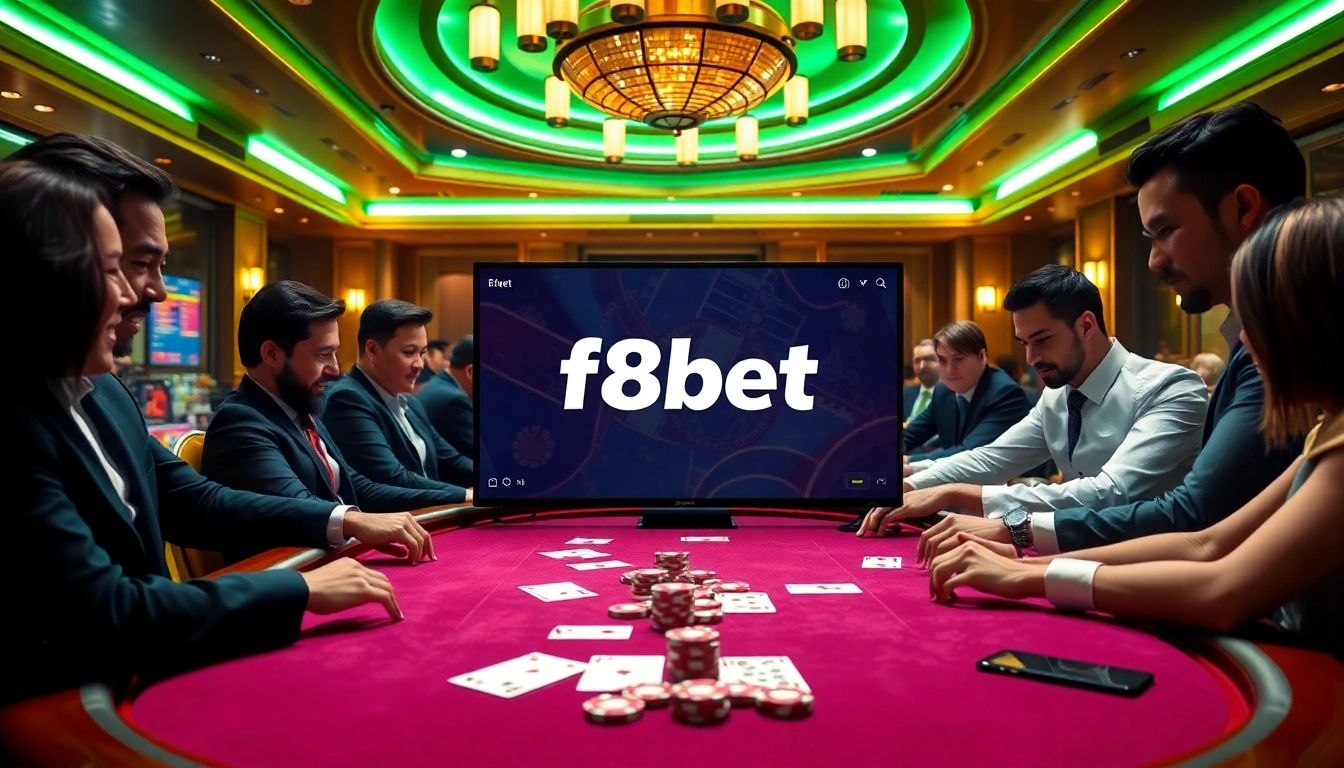 Gamblers engaging in a thrilling game at f8bet.com poker table with colorful chips and cards.