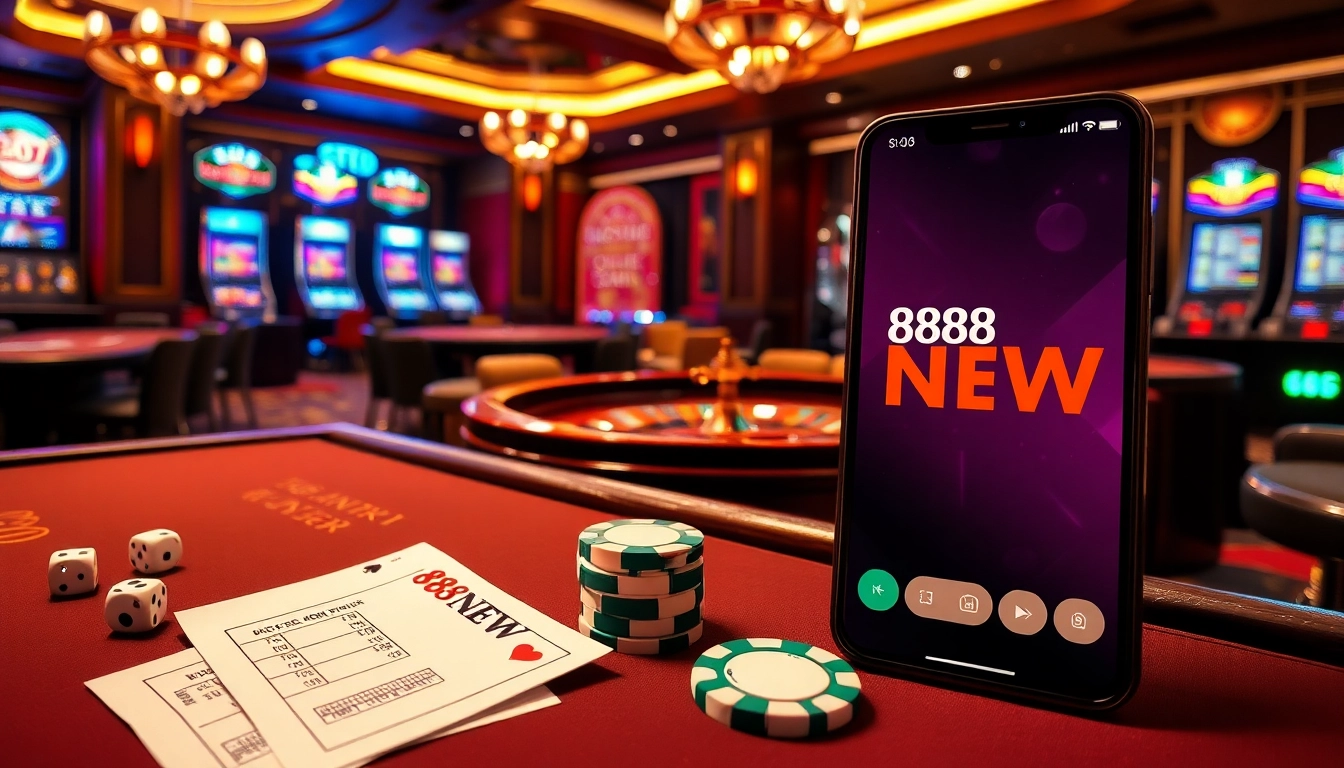 Experience the excitement of 888NEW Đăng nhập with vibrant casino visuals, featuring poker chips and a roulette wheel.
