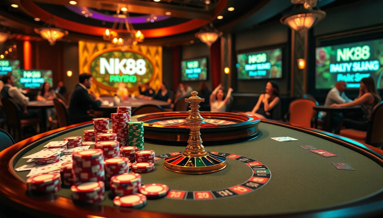 Experience the thrill of NK88 Đăng nhập with vibrant poker chips and casino tables.