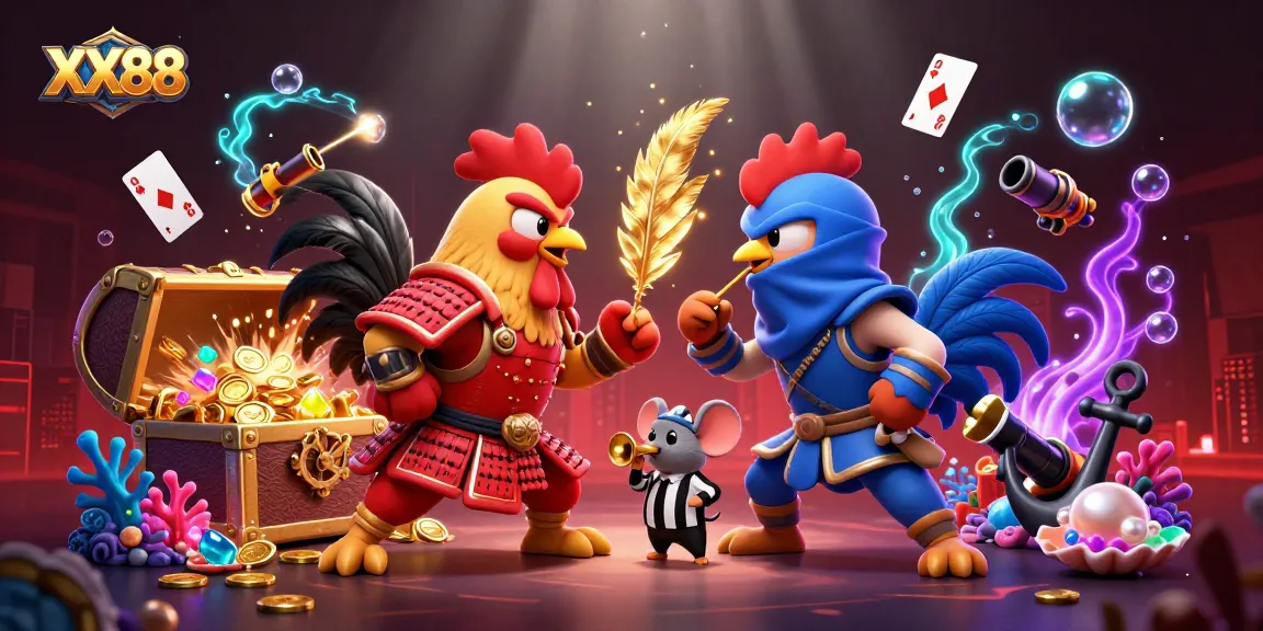Witness the dynamic battle of XX88's samurai and ninja roosters amidst a treasure-laden casino adventure.
