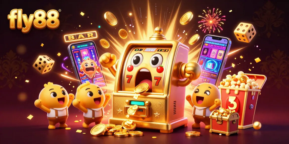 Experience the excitement of fly88 with a vibrant 3D illustration of a golden slot machine celebrating its jackpot.